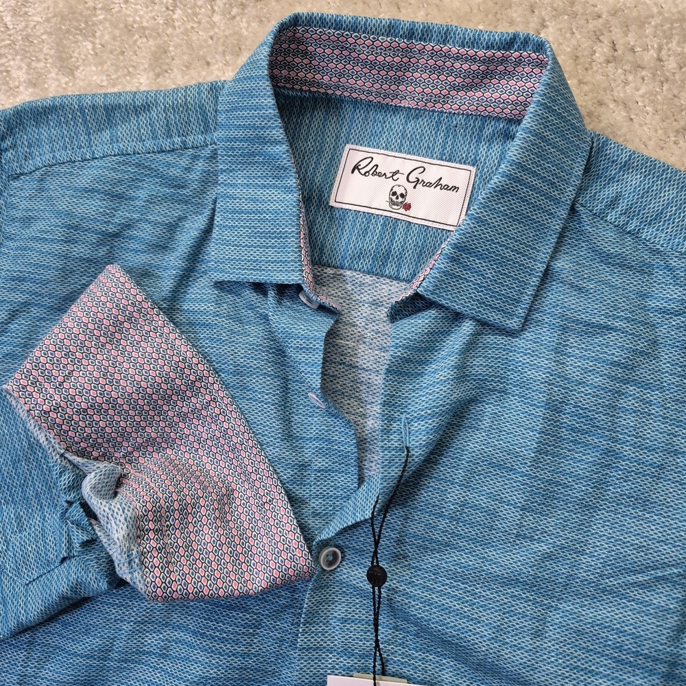 Robert Graham Brixton Shirt Mens Small Teal Linen Blend Flip Cuff Coastal Beach